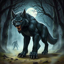 A fierce and powerful warg, a large wolf-like creature with piercing eyes and razor-sharp teeth