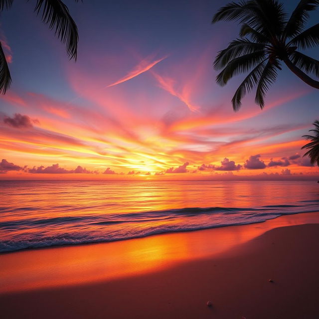 A captivating sunset scene showcasing radiant orange, pink, and purple hues gracefully blending across the sky over a peaceful beach