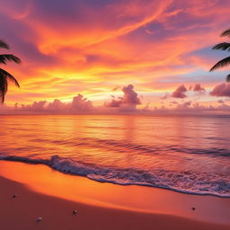 A captivating sunset scene showcasing radiant orange, pink, and purple hues gracefully blending across the sky over a peaceful beach