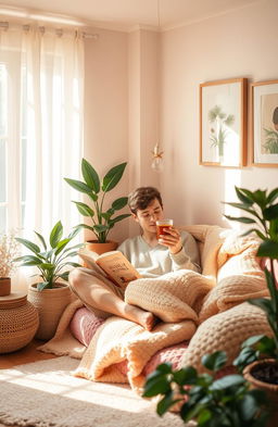 An inspiring scene depicting a person engaging in self-care, surrounded by a tranquil environment