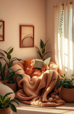 An inspiring scene depicting a person engaging in self-care, surrounded by a tranquil environment