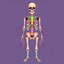 A detailed pixel art illustration depicting the human skeleton with an emphasis on the central nervous system and peripheral nervous system