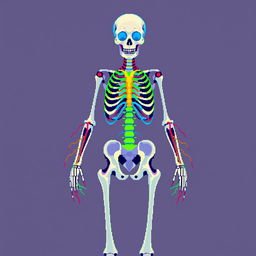 A detailed pixel art illustration depicting the human skeleton with an emphasis on the central nervous system and peripheral nervous system