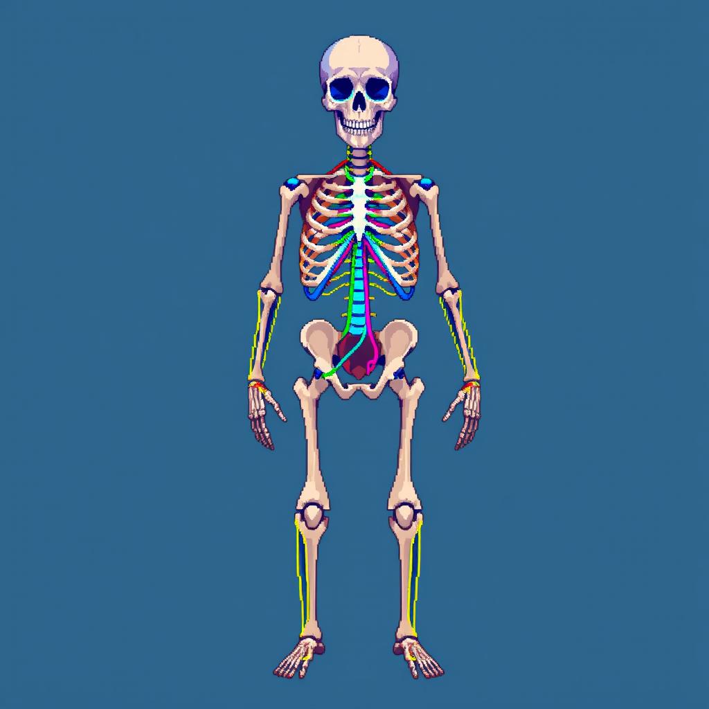 A detailed pixel art illustration depicting the human skeleton with an emphasis on the central nervous system and peripheral nervous system