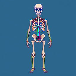 A detailed pixel art illustration depicting the human skeleton with an emphasis on the central nervous system and peripheral nervous system