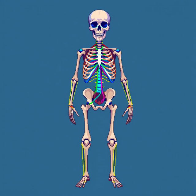 A detailed pixel art illustration depicting the human skeleton with an emphasis on the central nervous system and peripheral nervous system