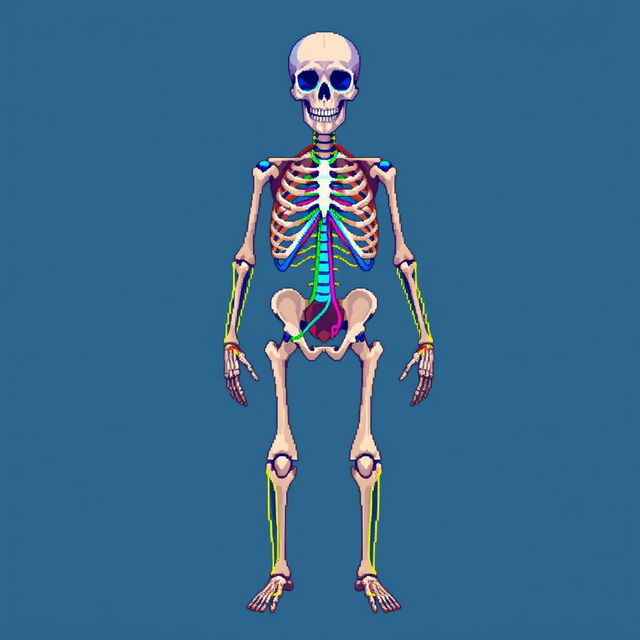 A detailed pixel art illustration depicting the human skeleton with an emphasis on the central nervous system and peripheral nervous system