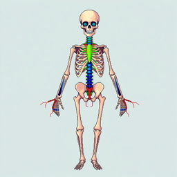 A detailed pixel art illustration depicting the human skeleton with an emphasis on the central nervous system and peripheral nervous system