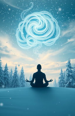 A surreal landscape depicting a mind filled with snow, where the thoughts and ideas are represented as swirling snowflakes