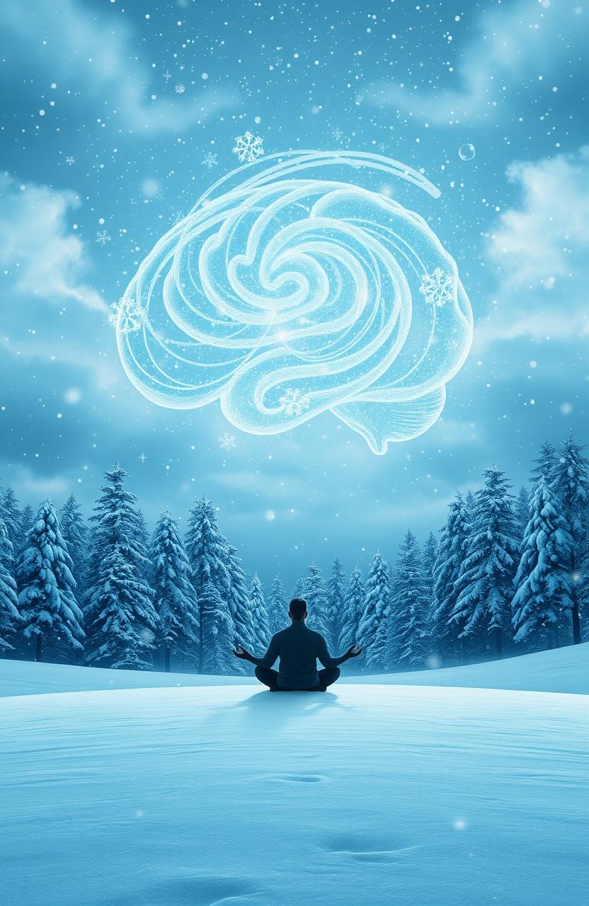 A surreal landscape depicting a mind filled with snow, where the thoughts and ideas are represented as swirling snowflakes