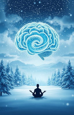 A surreal landscape depicting a mind filled with snow, where the thoughts and ideas are represented as swirling snowflakes