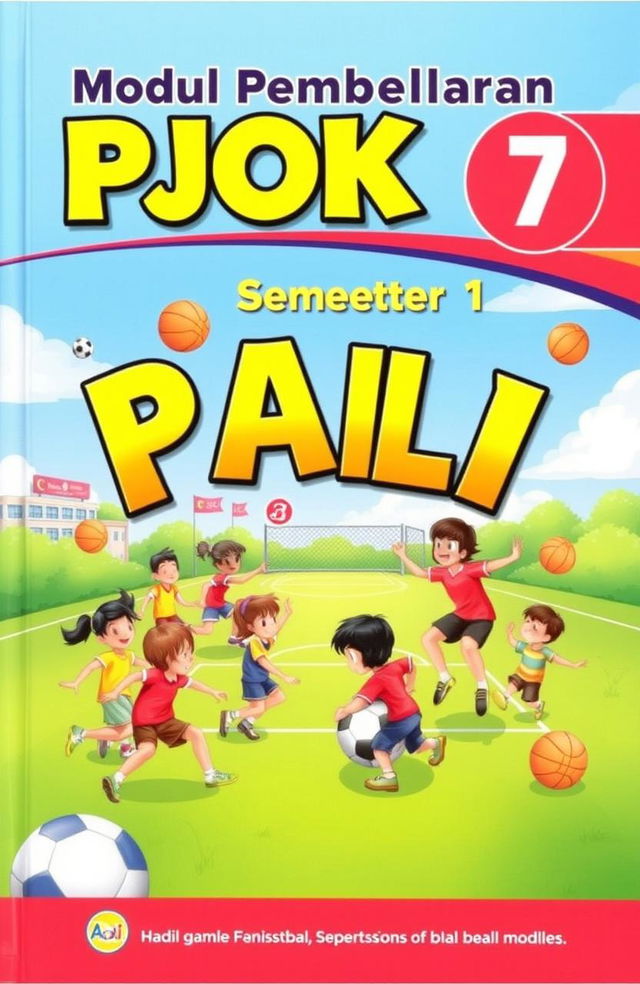 A colorful and vibrant book cover for a 7th-grade physical education learning module themed around large ball games