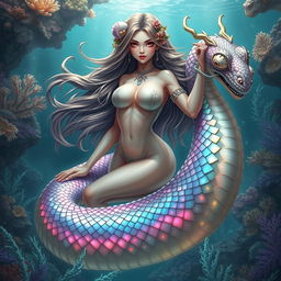 A stunning female serpent creature with a beautiful face and large breasts, featuring a captivating blend of human and serpent traits
