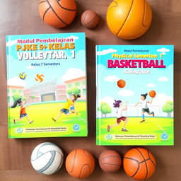 A vibrant and engaging book cover for a 7th-grade physical education learning module focused on volleyball and basketball
