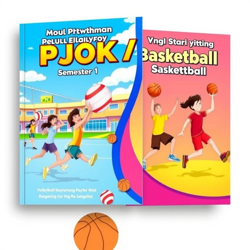 A vibrant and engaging book cover for a 7th-grade physical education learning module focused on volleyball and basketball