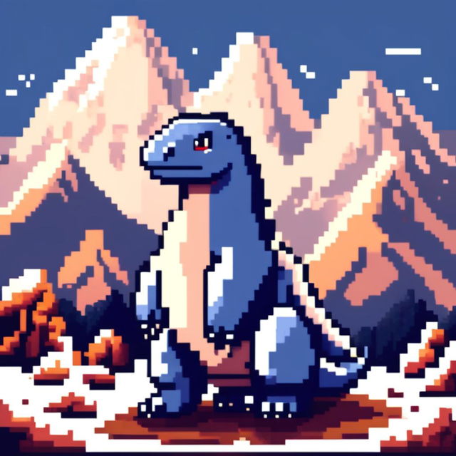 Pixel art PFP featuring a delightful blue and white Iguanodon against a backdrop of a snowy mountain range.