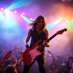 A passionate musician playing an electric guitar on stage, with vibrant stage lights illuminating the scene