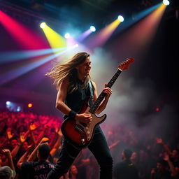 A passionate musician playing an electric guitar on stage, with vibrant stage lights illuminating the scene