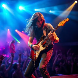 A passionate musician playing an electric guitar on stage, with vibrant stage lights illuminating the scene