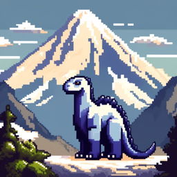 Pixel art PFP featuring a delightful blue and white Iguanodon against a backdrop of a snowy mountain range.