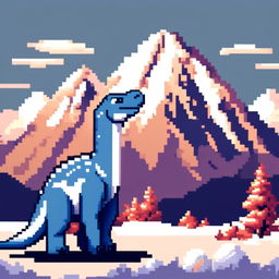 Pixel art PFP featuring a delightful blue and white Iguanodon against a backdrop of a snowy mountain range.