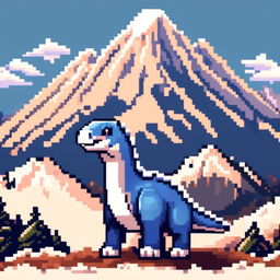 Pixel art PFP featuring a delightful blue and white Iguanodon against a backdrop of a snowy mountain range.