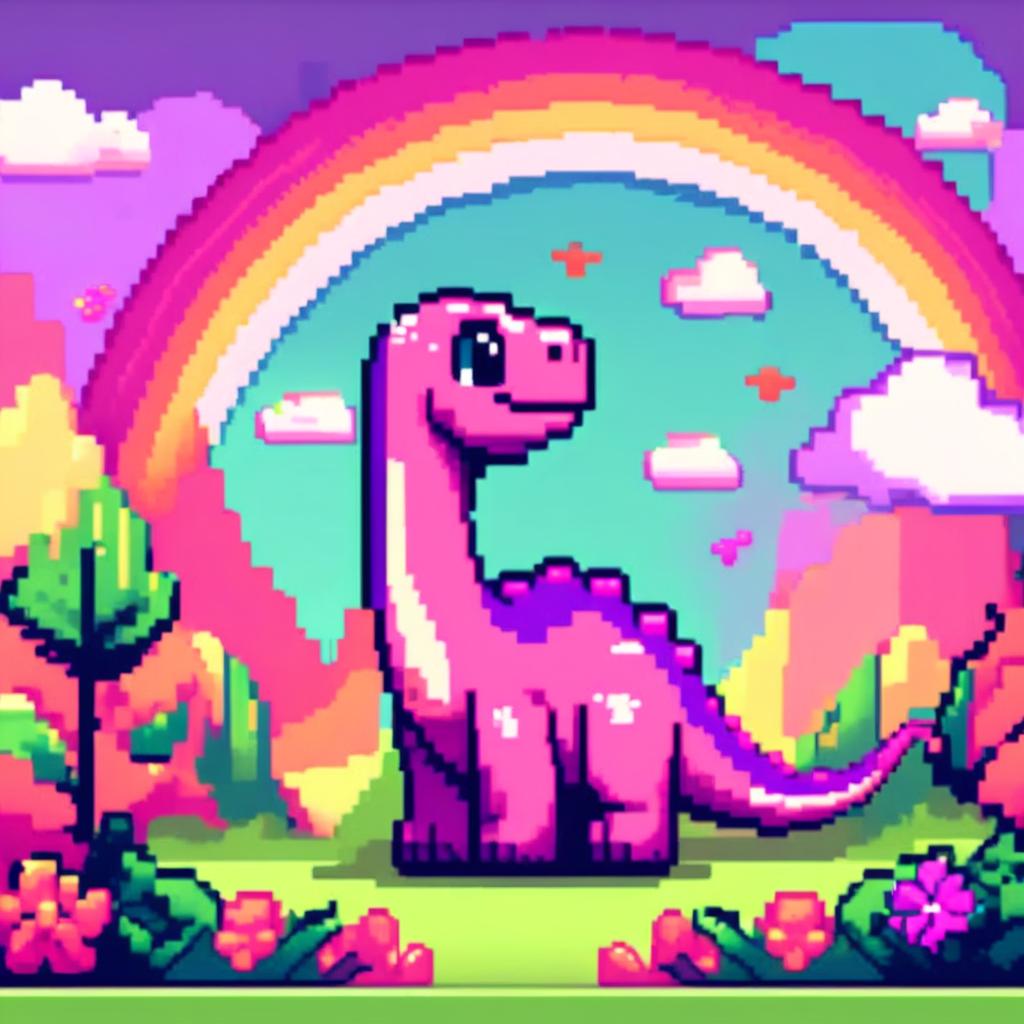 Pixel art PFP featuring a playful pink and purple Diplodocus against a backdrop of a vibrant rainbow.