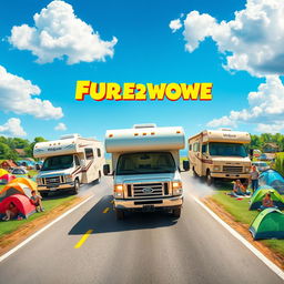 A vibrant movie poster featuring an exciting scene of three motorhomes careening down a road towards a lively family campground