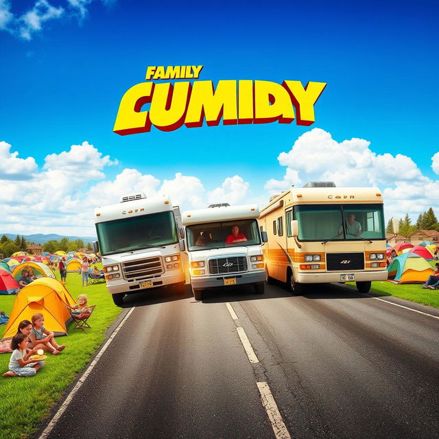 A vibrant movie poster featuring an exciting scene of three motorhomes careening down a road towards a lively family campground