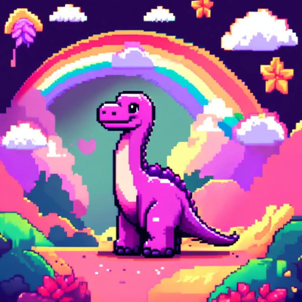 Pixel art PFP featuring a playful pink and purple Diplodocus against a backdrop of a vibrant rainbow.