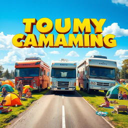 A vibrant movie poster featuring an exciting scene of three motorhomes careening down a road towards a lively family campground