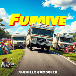 A vibrant movie poster featuring an exciting scene of three motorhomes careening down a road towards a lively family campground