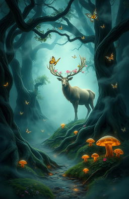 A mystical forest scene featuring a whirling mist that rises from the ground, concealing ancient trees with twisted roots and glowing mushrooms