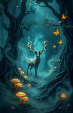 A mystical forest scene featuring a whirling mist that rises from the ground, concealing ancient trees with twisted roots and glowing mushrooms