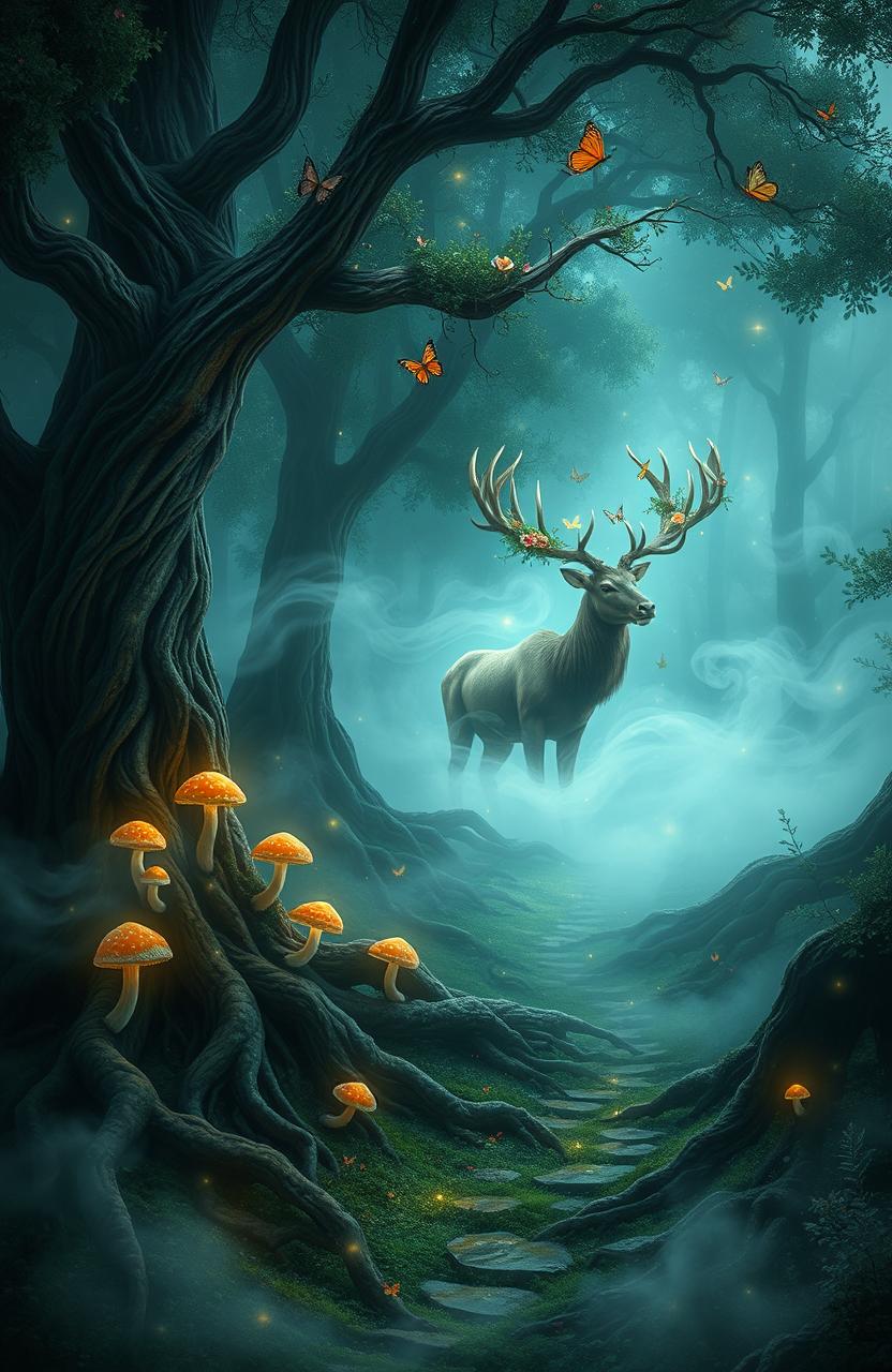 A mystical forest scene featuring a whirling mist that rises from the ground, concealing ancient trees with twisted roots and glowing mushrooms