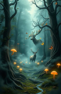 A mystical forest scene featuring a whirling mist that rises from the ground, concealing ancient trees with twisted roots and glowing mushrooms