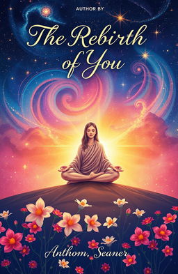 A beautifully illustrated book cover design inspired by 'The Rebirth of You', featuring a serene figure meditating under a vibrant cosmic sky filled with swirling galaxies and celestial stars