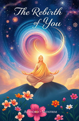 A beautifully illustrated book cover design inspired by 'The Rebirth of You', featuring a serene figure meditating under a vibrant cosmic sky filled with swirling galaxies and celestial stars