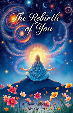 A beautifully illustrated book cover design inspired by 'The Rebirth of You', featuring a serene figure meditating under a vibrant cosmic sky filled with swirling galaxies and celestial stars
