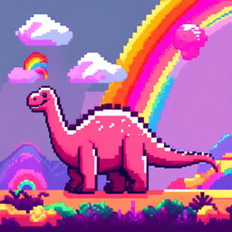 Pixel art PFP featuring a playful pink and purple Diplodocus against a backdrop of a vibrant rainbow.