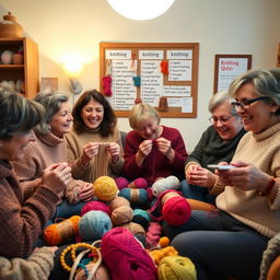 A cozy indoor scene featuring a group of diverse adult friends happily participating in a knitting quiz