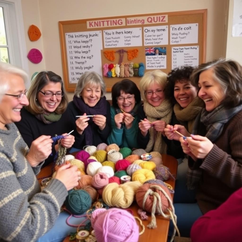 A cozy indoor scene featuring a group of diverse adult friends happily participating in a knitting quiz