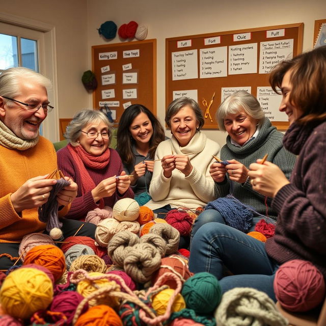 A cozy indoor scene featuring a group of diverse adult friends happily participating in a knitting quiz