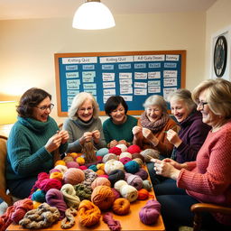 A cozy indoor scene featuring a group of diverse adult friends happily participating in a knitting quiz