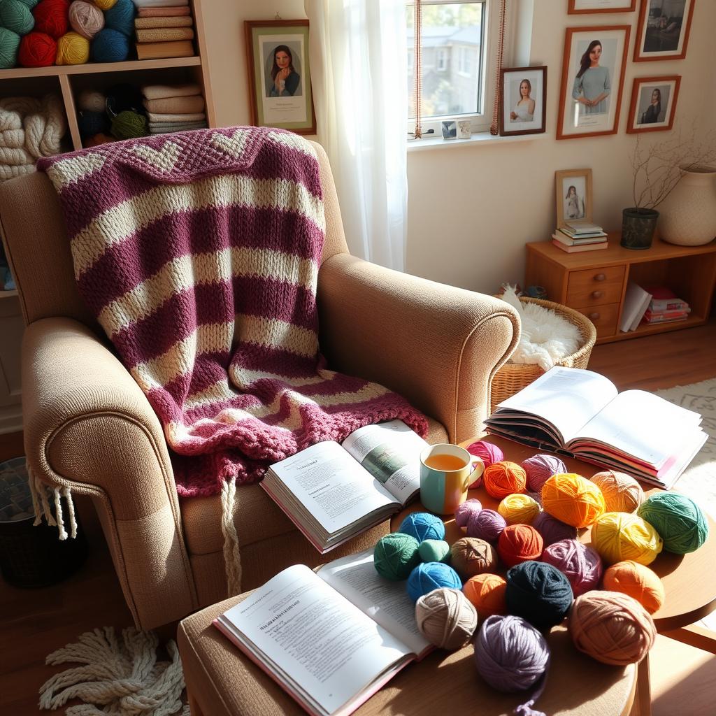 A cozy indoor scene featuring a comfortable armchair with a beautifully knitted blanket draped over it