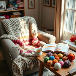 A cozy indoor scene featuring a comfortable armchair with a beautifully knitted blanket draped over it