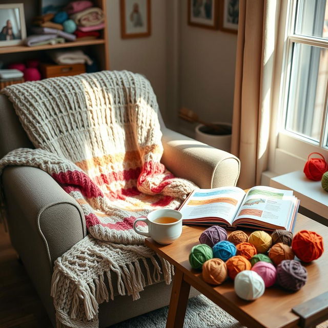 A cozy indoor scene featuring a comfortable armchair with a beautifully knitted blanket draped over it