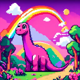 Pixel art PFP featuring a playful pink and purple Diplodocus against a backdrop of a vibrant rainbow.