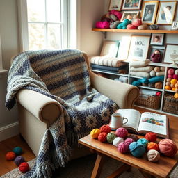 A cozy indoor scene featuring a comfortable armchair with a beautifully knitted blanket draped over it