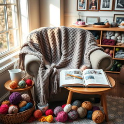 A cozy indoor scene featuring a comfortable armchair with a beautifully knitted blanket draped over it